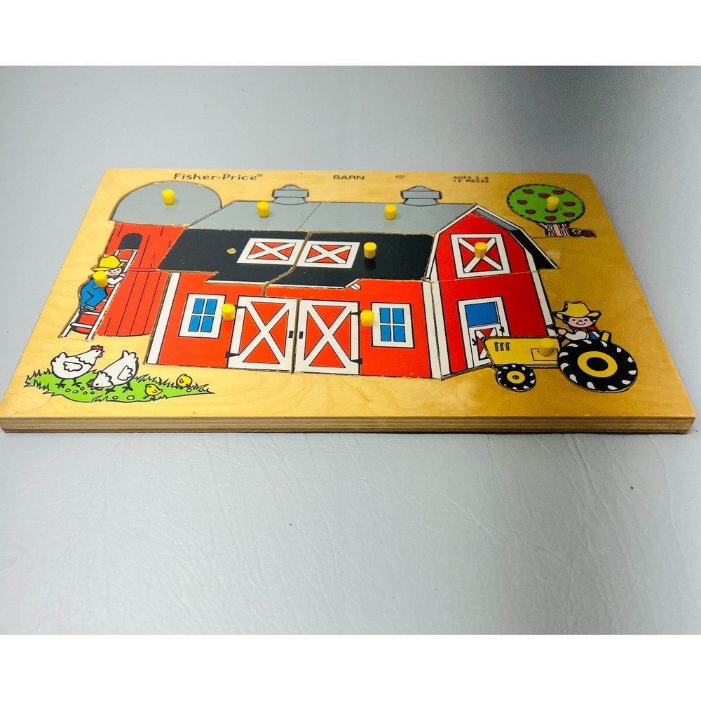 Vintage Fisher Price Wood Barn Puzzle 501 Farm Peg Toy 1974 Belgium 13 Pieces